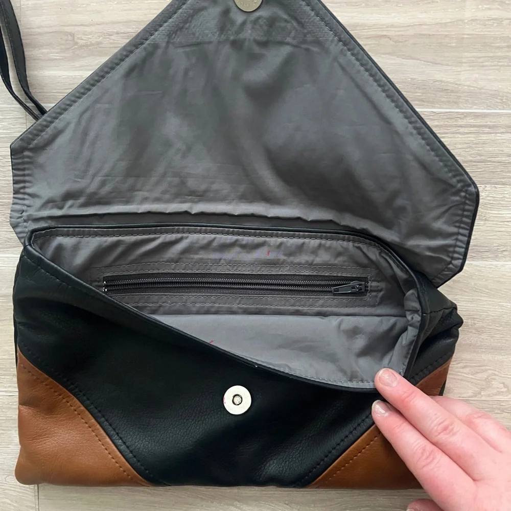 Two-Tone Black and Brown Envelope Vegan Leather Clutch